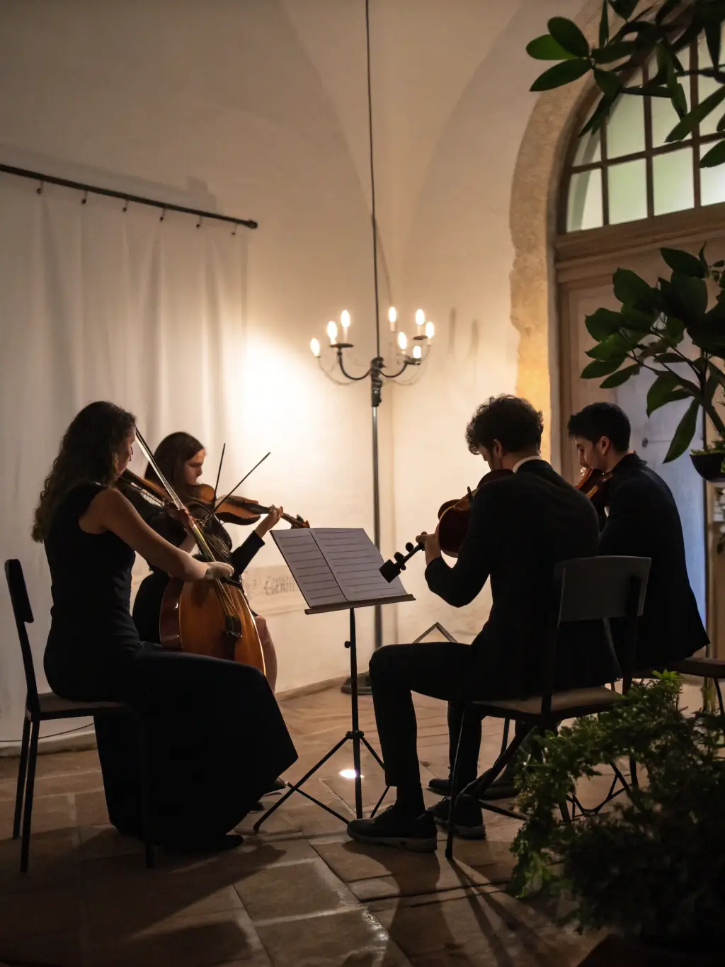 A photograph capturing a string quartet performing in a local community center, with attendees of various ages and backgrounds attentively listening.