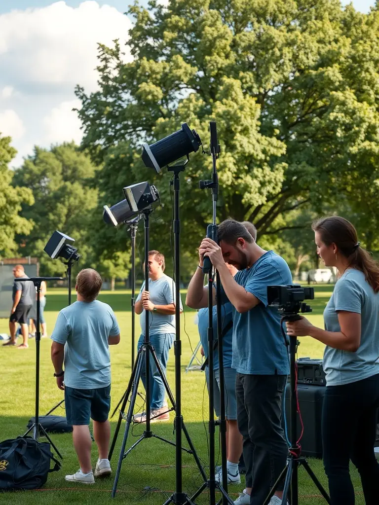A visually appealing shot of a diverse group of artists setting up an outdoor stage for a concert in a public park.