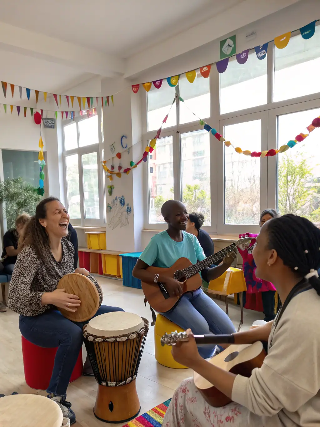 A heartwarming image of children playing various musical instruments during a music therapy session, guided by a certified therapist.