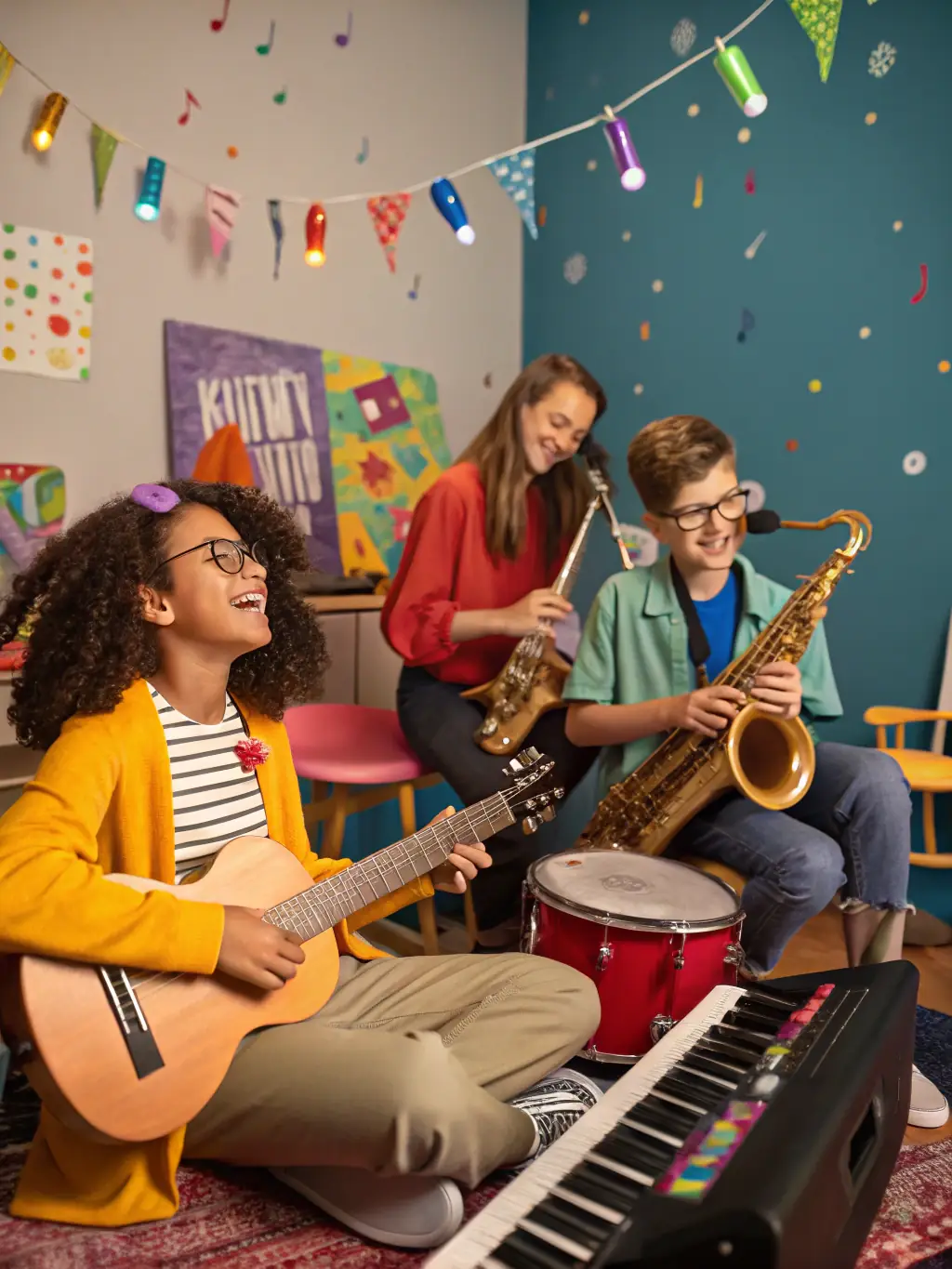 A dynamic image of a group of young musicians participating in a jazz improvisation session, led by an experienced instructor.